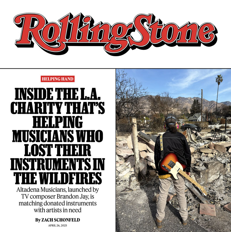 rolling stone magazine - helping hand - Brandon Jay standing in ashes of Altadena home