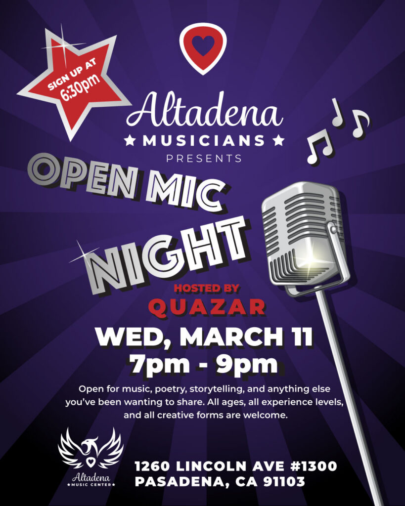 Altadena Musicians open mic night march 11 hosted by Quazar