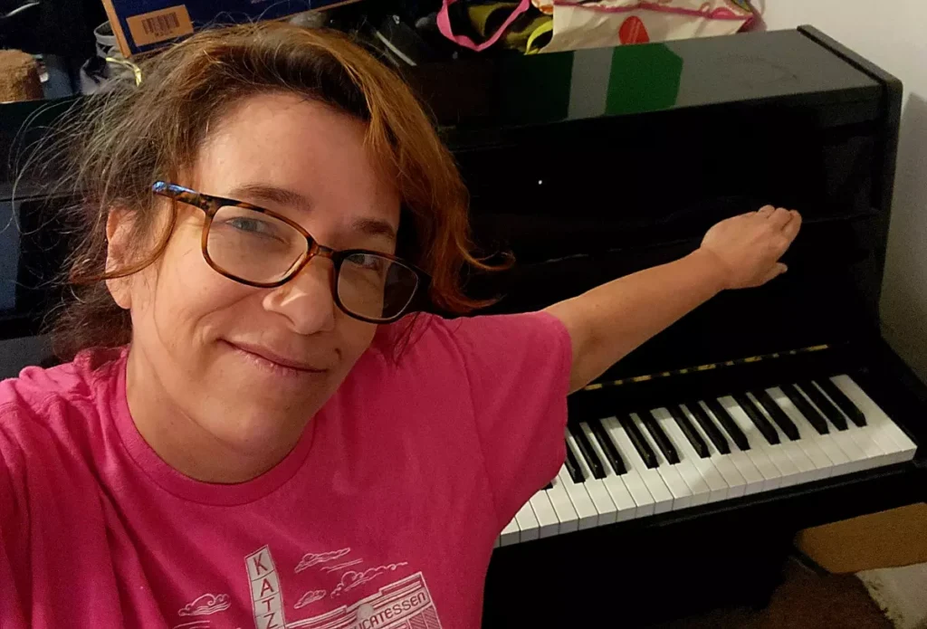 Brentwood resident Amy Engelhardt, a singer/songwriter, composer, lyricist and playwright, donated her Kawai Upright Piano to the Altadena Musicians organization on March 10, 2026. (Courtesy of Amy Engelhardt)